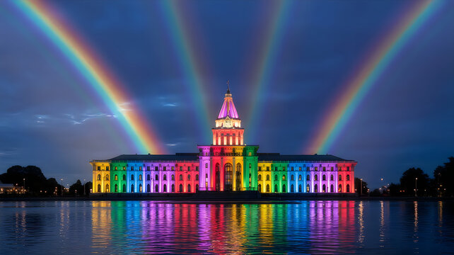 Colorful illuminated government building at night with reflection on water
