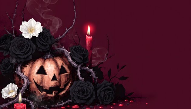 Gothic Halloween Banner with Carved Pumpkin, Black Roses, and Red Candle