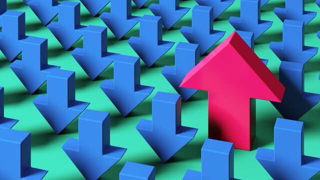 Pink Up Arrow Standing Out Among Blue Down Arrows Symbolizing Leadership, Innovation And Business Success