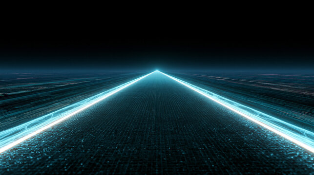 Digital highway with bright blue lines fading into the horizon, representing data flow.