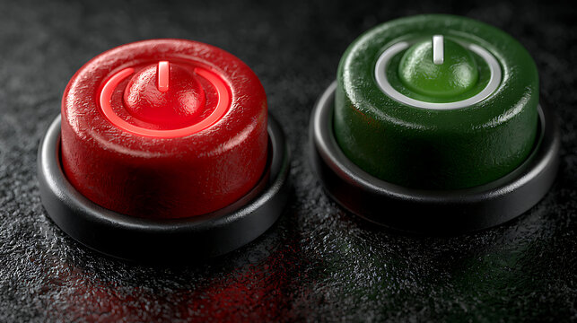Red and green push buttons with power symbols are realistically rendered