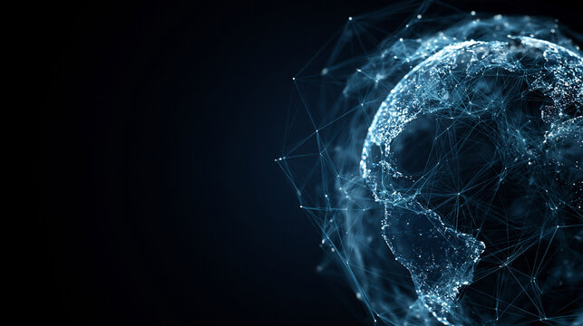 Digital representation of Earth connected by glowing lines and nodes symbolizing global communication and technology networks.