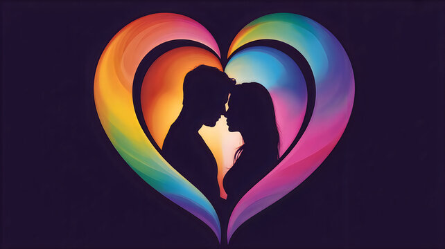 Two people kissing inside colorful heart shape
