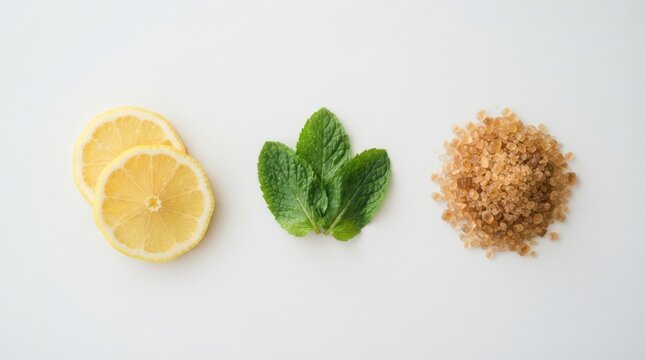 Fresh lemon slices, green mint leaves, and brown sugar crystals isolated on white background