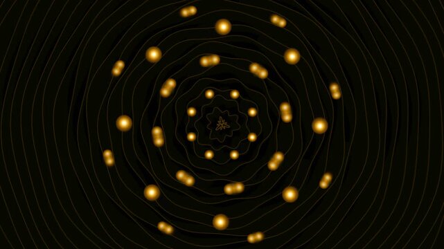 Abstract circular pattern with glowing golden light dots on a dark background