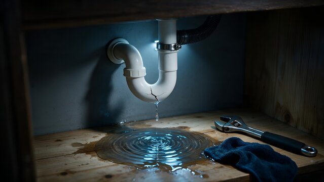 Cracked white plastic plumbing pipe leaking water onto wooden cabinet floor near metal wrench under dark dim kitchen sink area