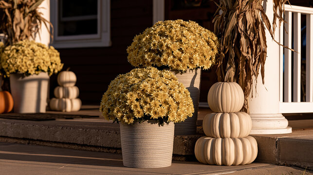 Autumn porch with woven basket and pumpkin decor in warm farmhouse style
