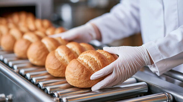 Bread roll production worker arranging freshly baked bread on metal conveyor belt in bakery