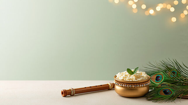 Decorated clay butter pot with fresh cheese and peacock feather on table