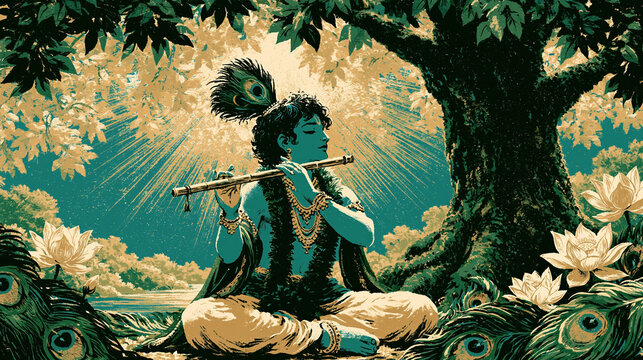 Devotional scene with krishna seated under tree in tranquil nature