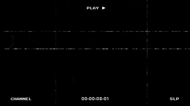 VHS retro analog overlay on black background with play text, timecode, channel and sleep indicators, featuring film grain, tracking errors, and vintage glitch defects
