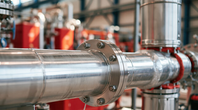Industrial pipe flange in metal process plant with blurred machinery background and reflective steel surface