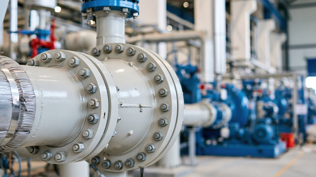 Industrial pipe flange close up in factory interior with metal bolts and blue machinery background