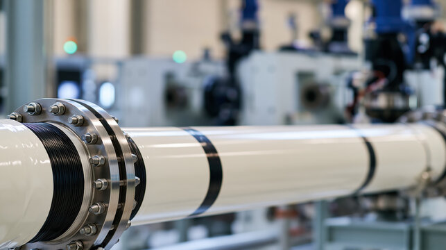 Industrial pipe with metal flange in factory, closeup of white process pipe and bolts
