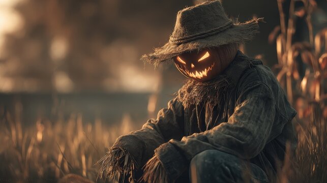 Spooky scarecrow with glowing pumpkin head in cornfield during golden hour, halloween concept.