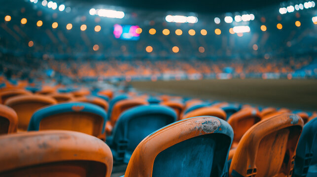 Empty stadium seats with blurred arena lights during nighttime sports event.