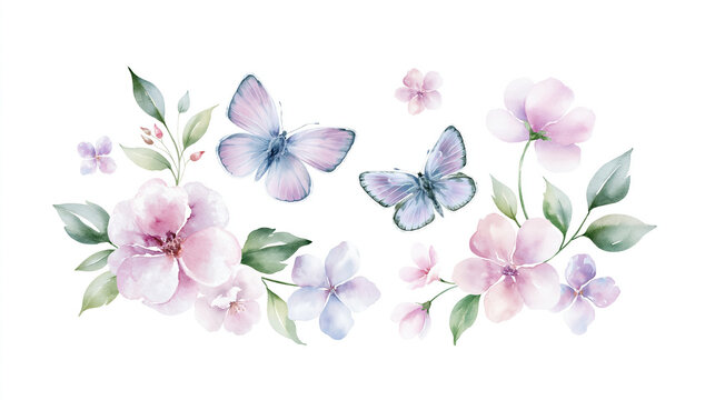 Watercolor butterfly and flower floral composition with pastel blossom and soft leaf on white background
