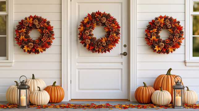 Welcoming white front door with autumn wreaths and pumpkins, cozy seasonal porch decor and fall leaves