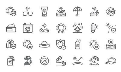 Fototapeta premium Sun protection icons set with sunscreen bottle, sunglasses, and beach umbrella. UV safety vector collection for summer vacation, dermatology, and health apps