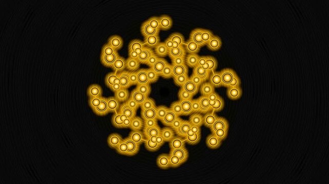 Glowing golden circular pattern with interconnected circles forming a swirling sun shape on a dark black background