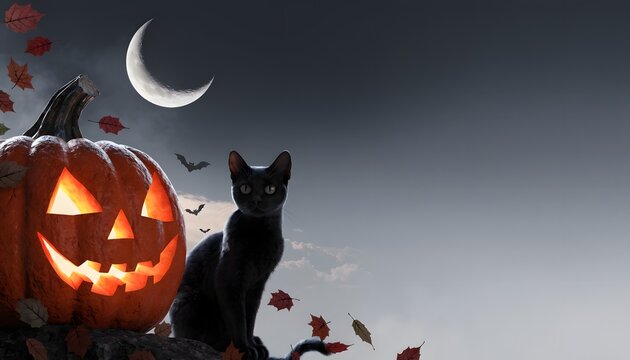 Black Cat Sitting Beside Glowing Jack O Lantern under Crescent Moon