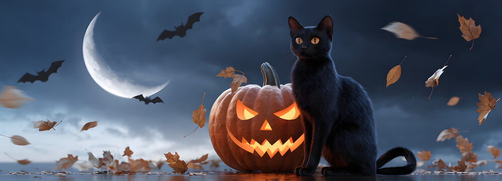 Black Cat Sitting Beside Glowing Jack O Lantern under Crescent Moon
