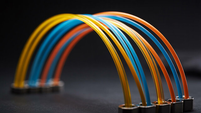 Arched colored tubes connected to metal bases on dark background