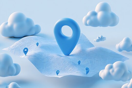 3d illustration of a floating blue map surface with multiple location pins and soft clouds, representing navigation, travel, and digital mapping technology