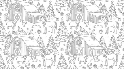 Naklejka premium Farm Christmas Scene Line Art Pattern