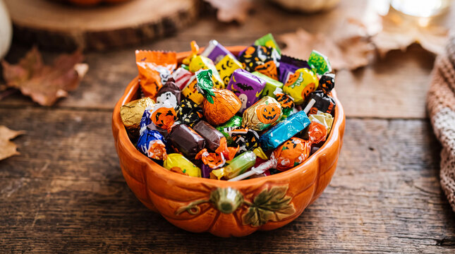 A full bowl of assorted Halloween candy in a pumpkin shaped dish on a wooden table with autumn leaves
