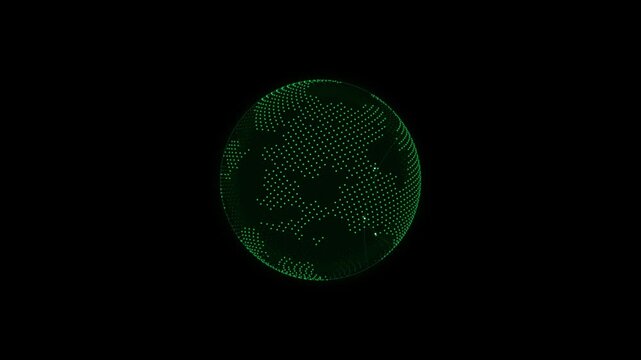Digital green particle globe rotating on black background representing global technology network connection.