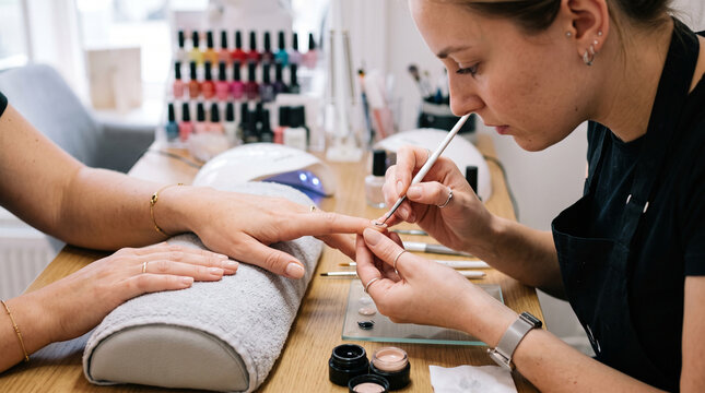 Professional manicurist carefully applying nail polish to a client's fingernail with a fine brush in a salon setting