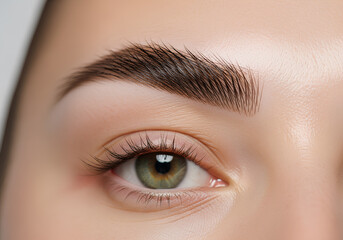 Fototapeta premium Close up of a green human eye with perfectly shaped eyebrow