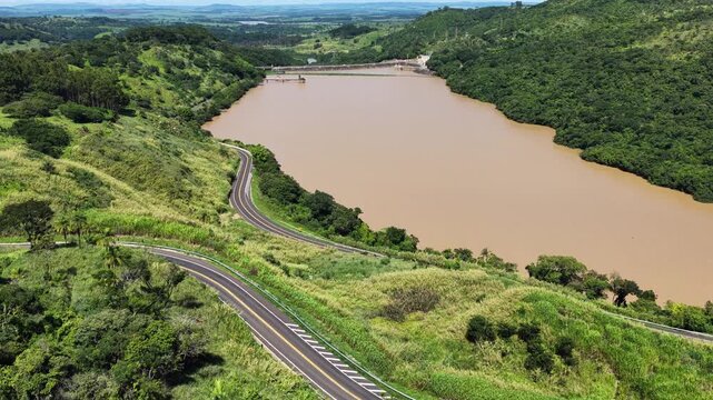 Euclides Da Cunha Hydroelectric In Sao Jose Do Rio Pardo Sao Paulo Brazil. Drone Capturing The Hydroelectric Producing Clean Energy. Outdoor River. Cascade Waterfall. Sao Jose do Rio Pardo Sao Paulo.