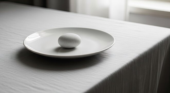 Close up of white bowl on white linen tablecloth.