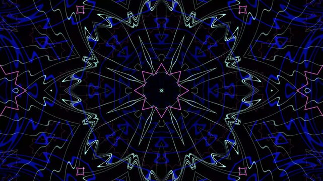 Blue pink neon kaleidoscope background loop. Cyberpunk geometric line star motion graphic. Abstract glowing radial symmetry texture.