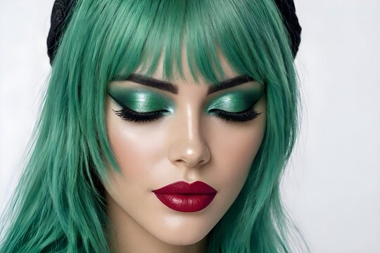 donna con make-up colorato fluo alla moda vivace e capelli verdi