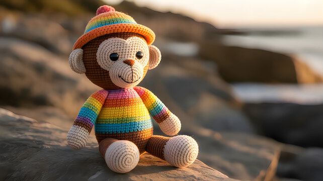 Colorful pixel art teddy bear sitting with rainbow sweater