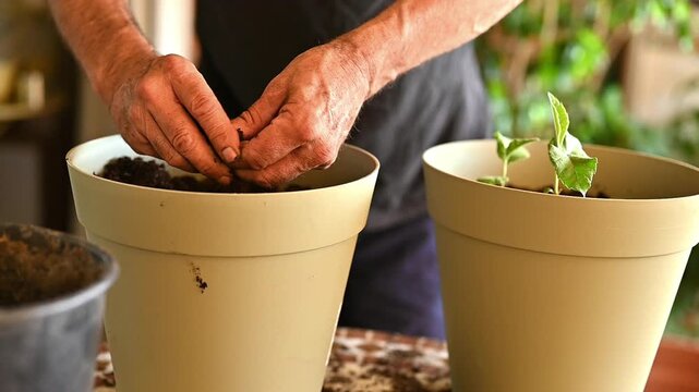 Gardener preparing fresh soil in large pots for planting young seedlings at home, plant care and cultivation