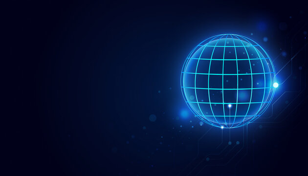Glowing digital globe wireframe on dark navy background 濃紺の背景に光るデジタル地球儀のワイヤーフレーム