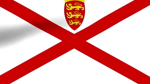 Waving flag of Jersey featuring the red saltire on a white field with the royal crest