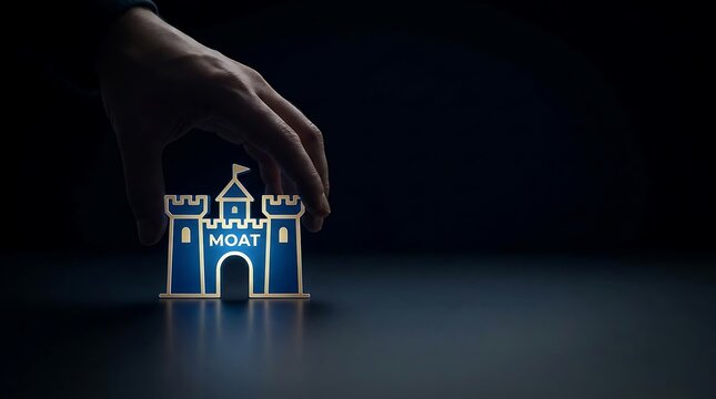 Human hand carefully placing glowing blue castle icon representing business strategy