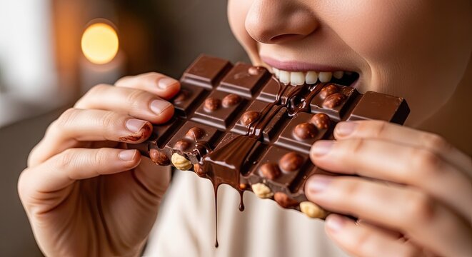 Woman biting into a dark chocolate bar with whole hazelnuts.