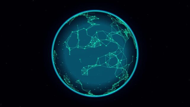 Rotating digital earth globe with network connection lines and dots on dark background global network connection.