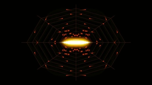 Abstract glowing spider web pattern with bright orange light rays on a dark black background for digital art design