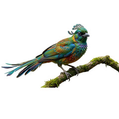 Fototapeta premium Colorful resplendent quetzal bird perched on mossy tree branch isolated