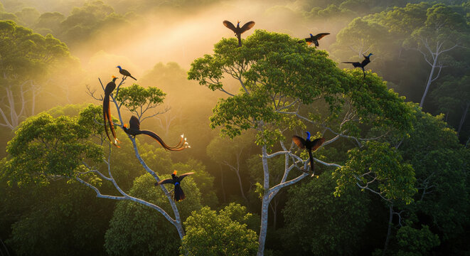 Multiple exotic birds of paradise displaying colorful plumage on tropical rainforest tree canopy at golden misty sunrise, spectacular wildlife nature and biodiversity conservation concept horizontal