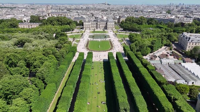 Luxembourg Garden In Paris Ile De France France. Aerial View Of Green Space Surrounded By Lush Forest Trees. Cities Of The World. Landmark Cityscape. Paris ile de france.