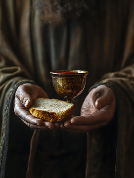 The hands of Jesus offering the Communion wine and bread
