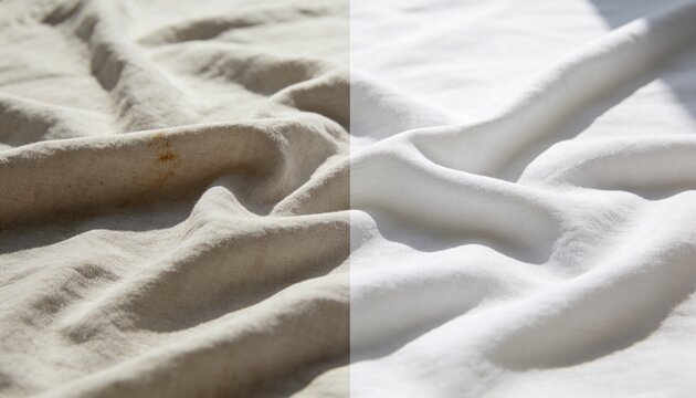 Split scene comparison showing the same fabric before and after washing, dramatic transformation from stained to clean, soft daylight, product photography concept for laundry and home cleaning